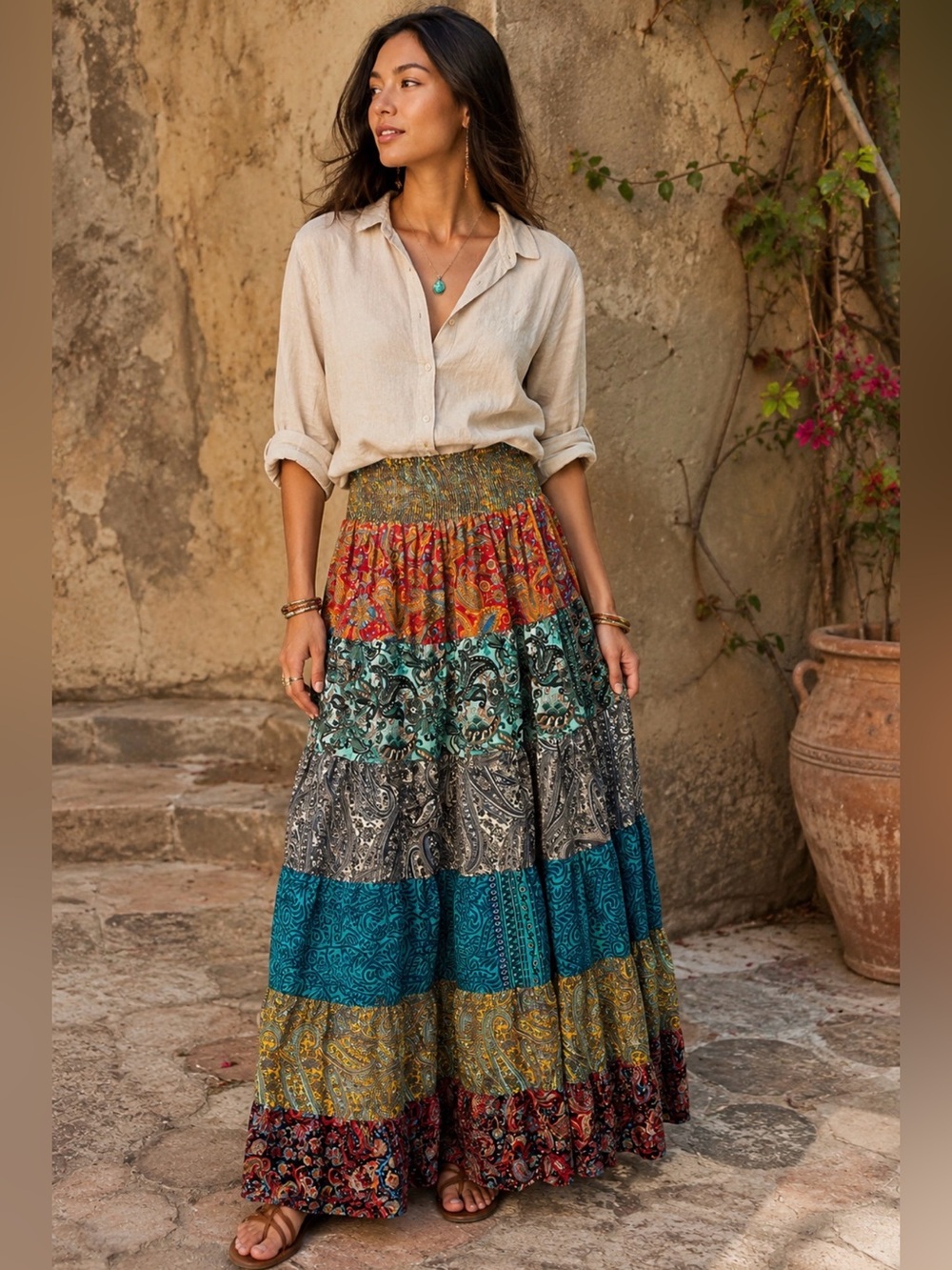 Bohemian Tiered Patchwork Maxi Skirt - Teal Multi